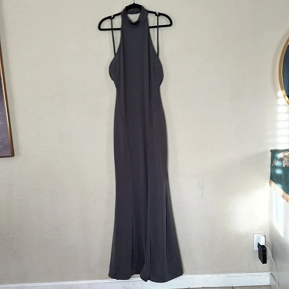 House Of CB Juliette Shadow‎ Halter Gown gray Maxi gown NWOT size Large
